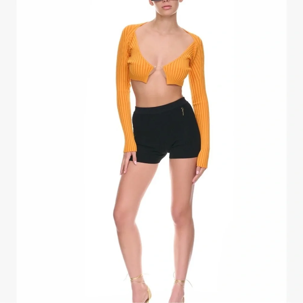Jacquemus Orange Ribbed Long Sleeve Crop Top - Picture 2 of 10